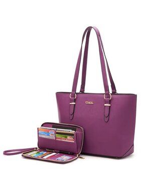 Purple Faux Leather Tote Satchel Handbag Wallet Set Women Work Shoulder Purse